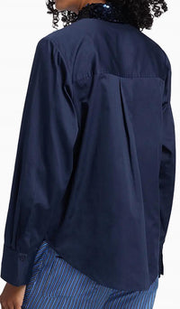 Derek Lam 10 Crosby Alina Sequin Collar Cotton Sateen Shirt in blue - women's long sleeve top - detail view
