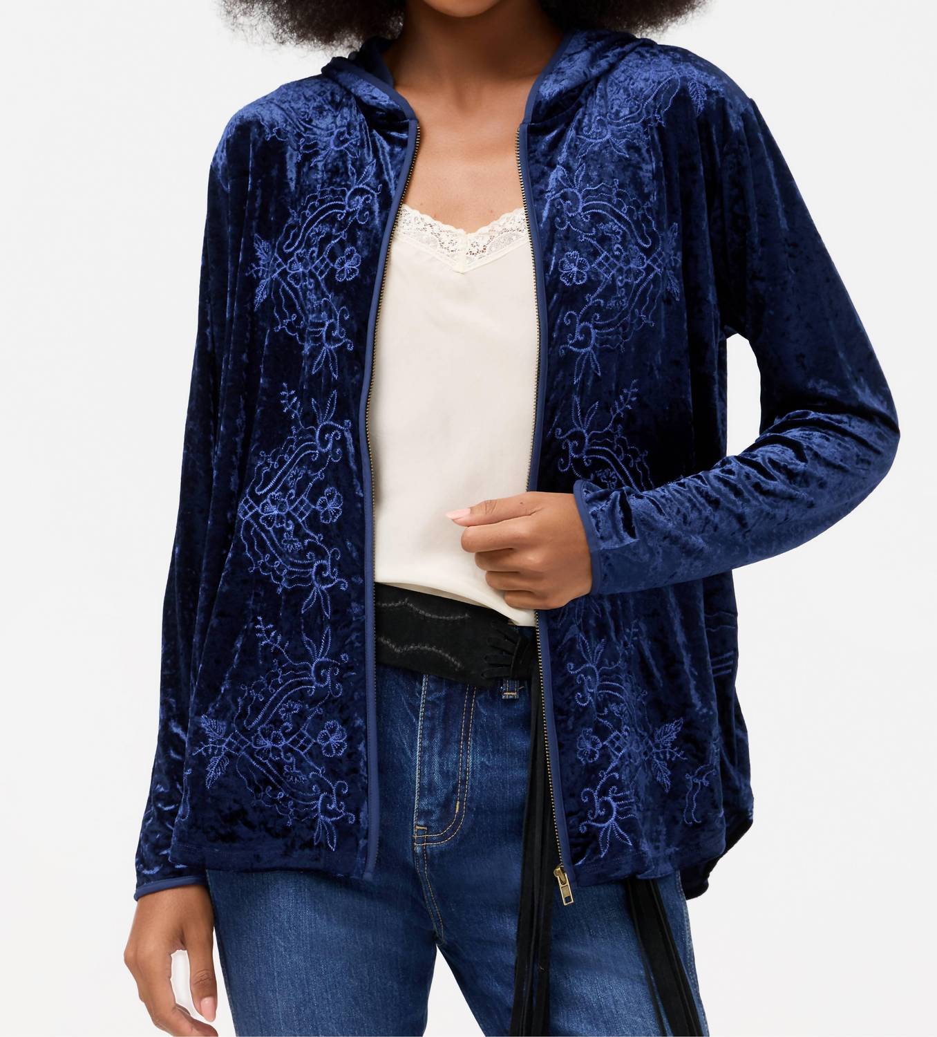 Johnny Was - CARMEL CRUSHED VELVET ZIPUP HOODIE
