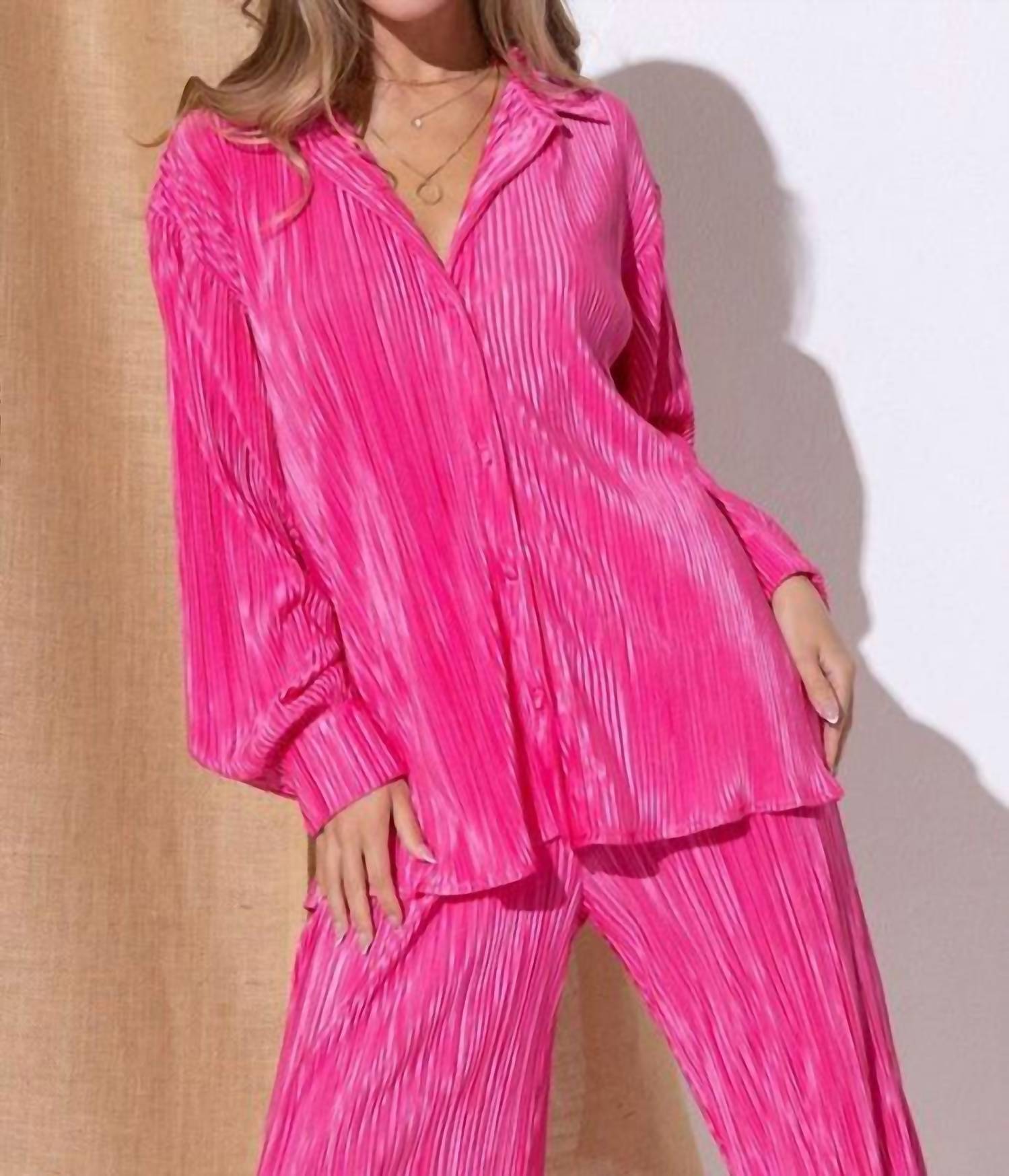 Blue B - Accordion Mini Pleat Long Blouse And Pant Set