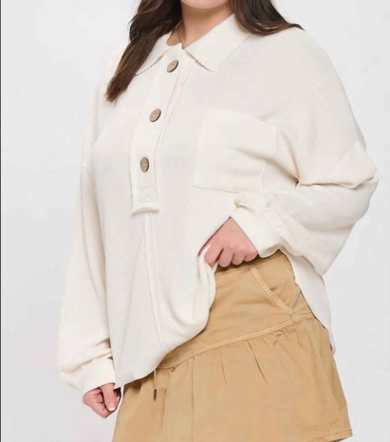 Perch by Blu Pepper Collared Raw Edge Knit Top - Plus in cream - women's long sleeve top - alternate view