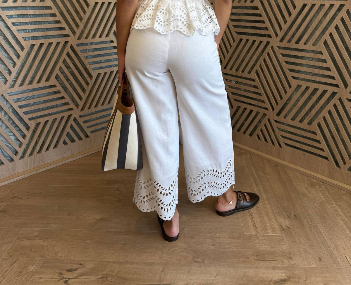 English Factory - Eyelet Trim Linen Wide Leg Pants