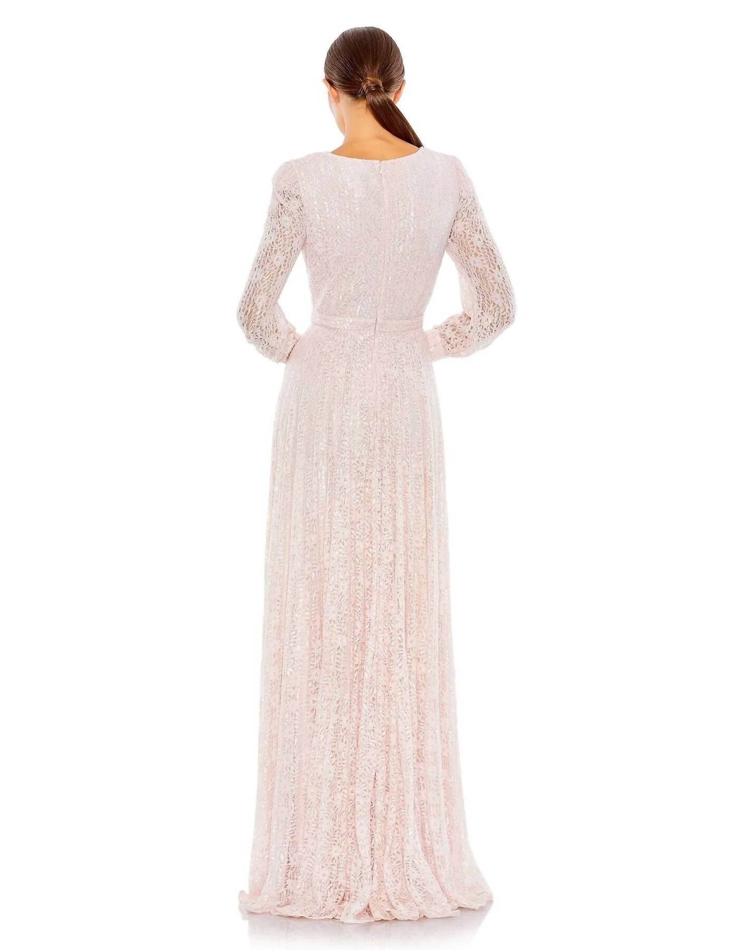 MAC DUGGAL Sequin Lace V-neck Dress in light rose - women's dress - detail view