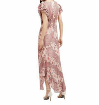 AllSaints Brea Floral Print Cascade Maxi Dress in clay pink - women's dress - detail view