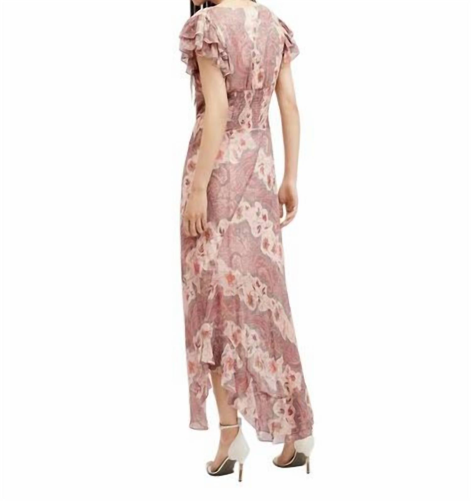 AllSaints Brea Floral Print Cascade Maxi Dress in clay pink - women's dress - detail view