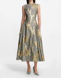 Lela Rose Floral Fil Coupe Sleeveless A-line Midi Dress in gold grey - women's dress
