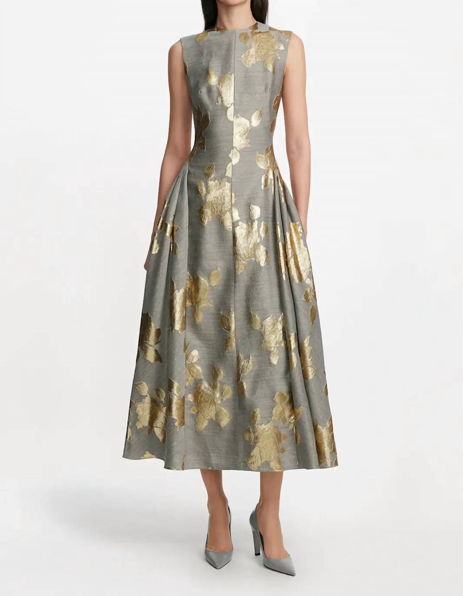 Lela Rose Floral Fil Coupe Sleeveless A-line Midi Dress in gold grey - women's dress