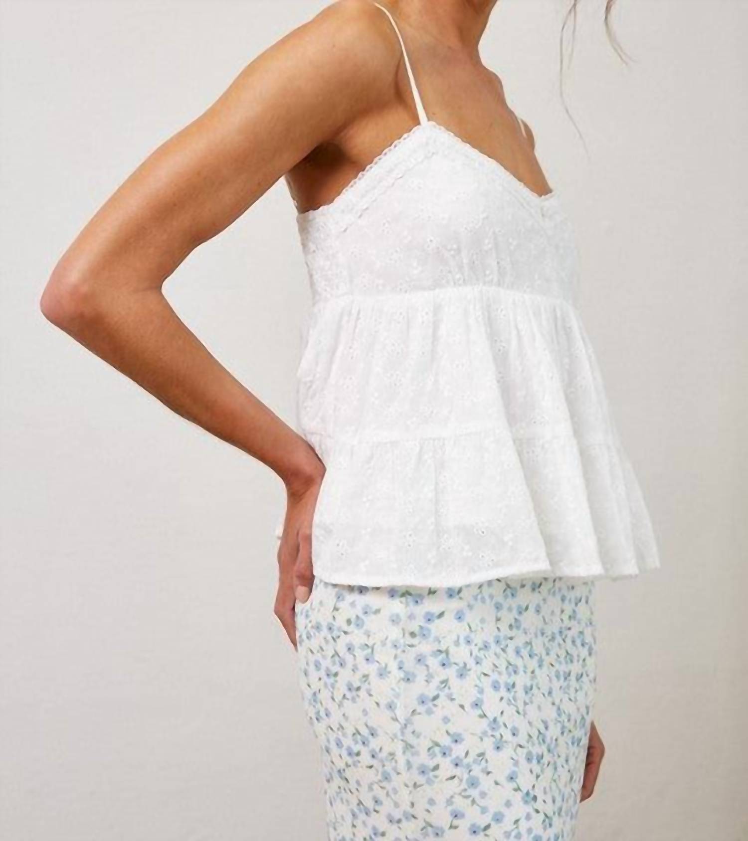Creamon Eyelet Lace Trim Cami Top in white - women's shirt - alternate view