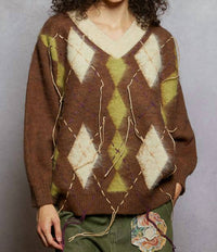 Pol - Oxford Argyle Distressed Oversized Sweater
