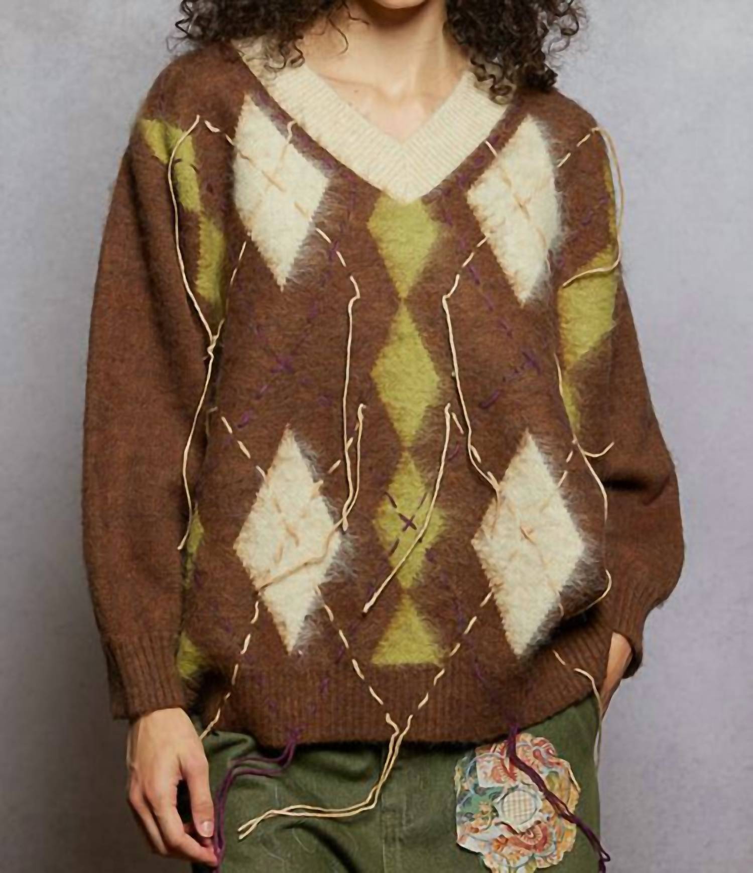 Pol - Oxford Argyle Distressed Oversized Sweater
