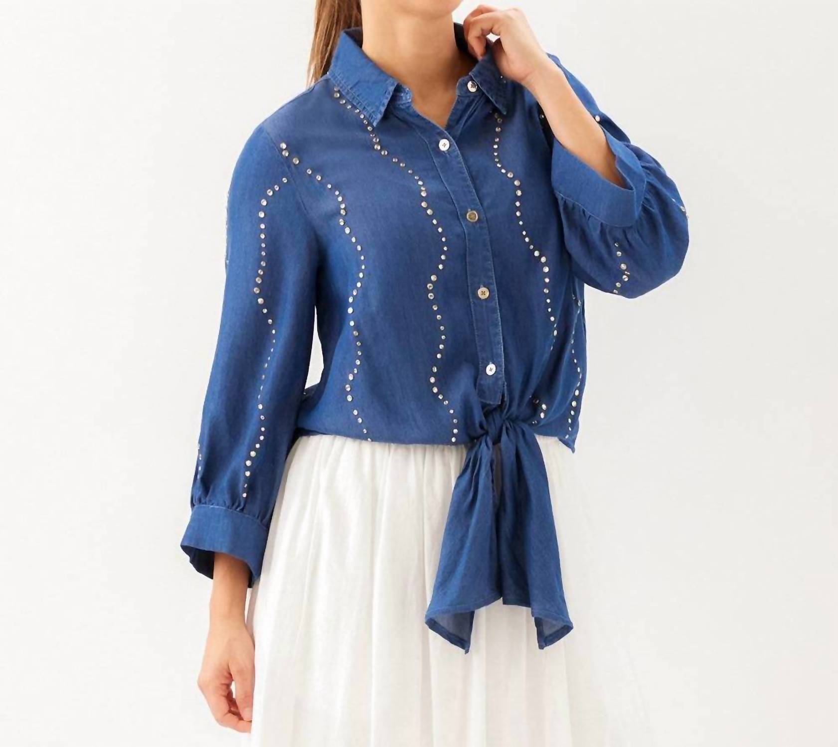 Karen Kane - Blouson Sleeve Gemstone Denim Shirt