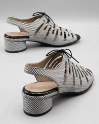 Beautifeel Women's Payton Lace-up Backstrap Sandal in black white riso print suede - women's sandal - detail view