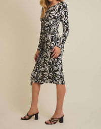 Gilli - Round Neck Long Sleeve Waist Twist Surplice Midi Dress