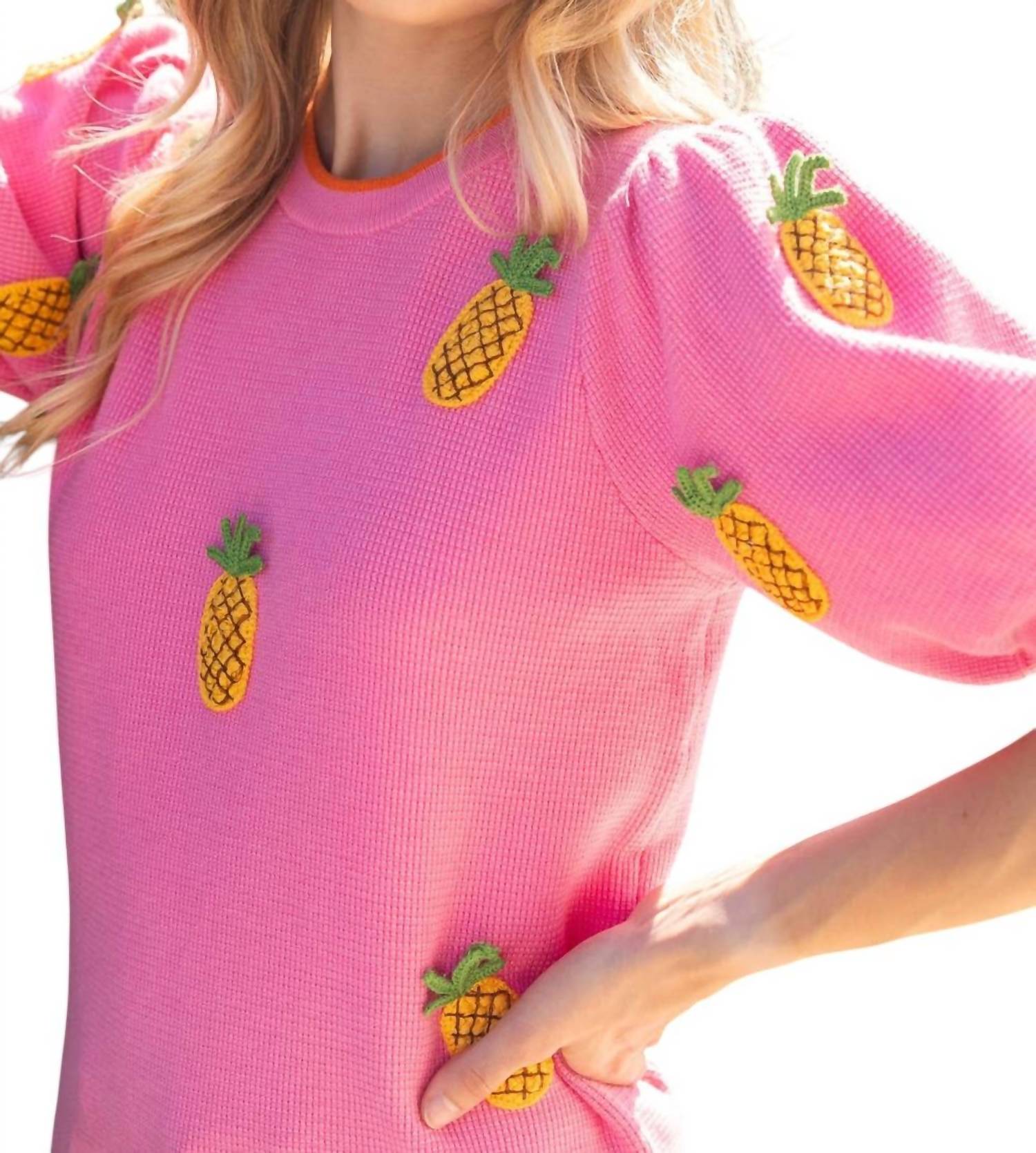 Voy - Sunny Pineapple Puff Sleeve Knit Top