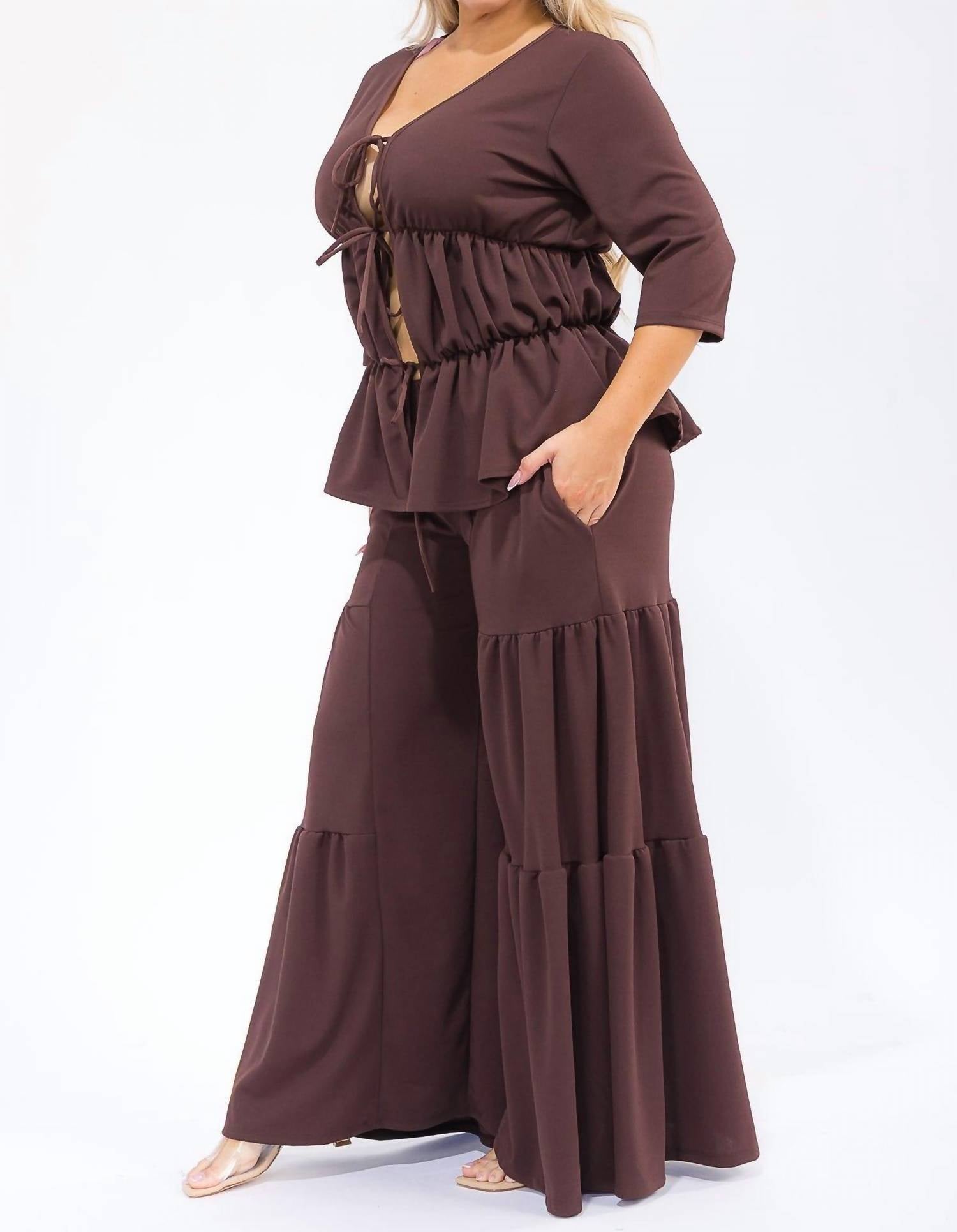 Karen T Design - Hollow Lace Up Top And Spliced Wide Leg Pants