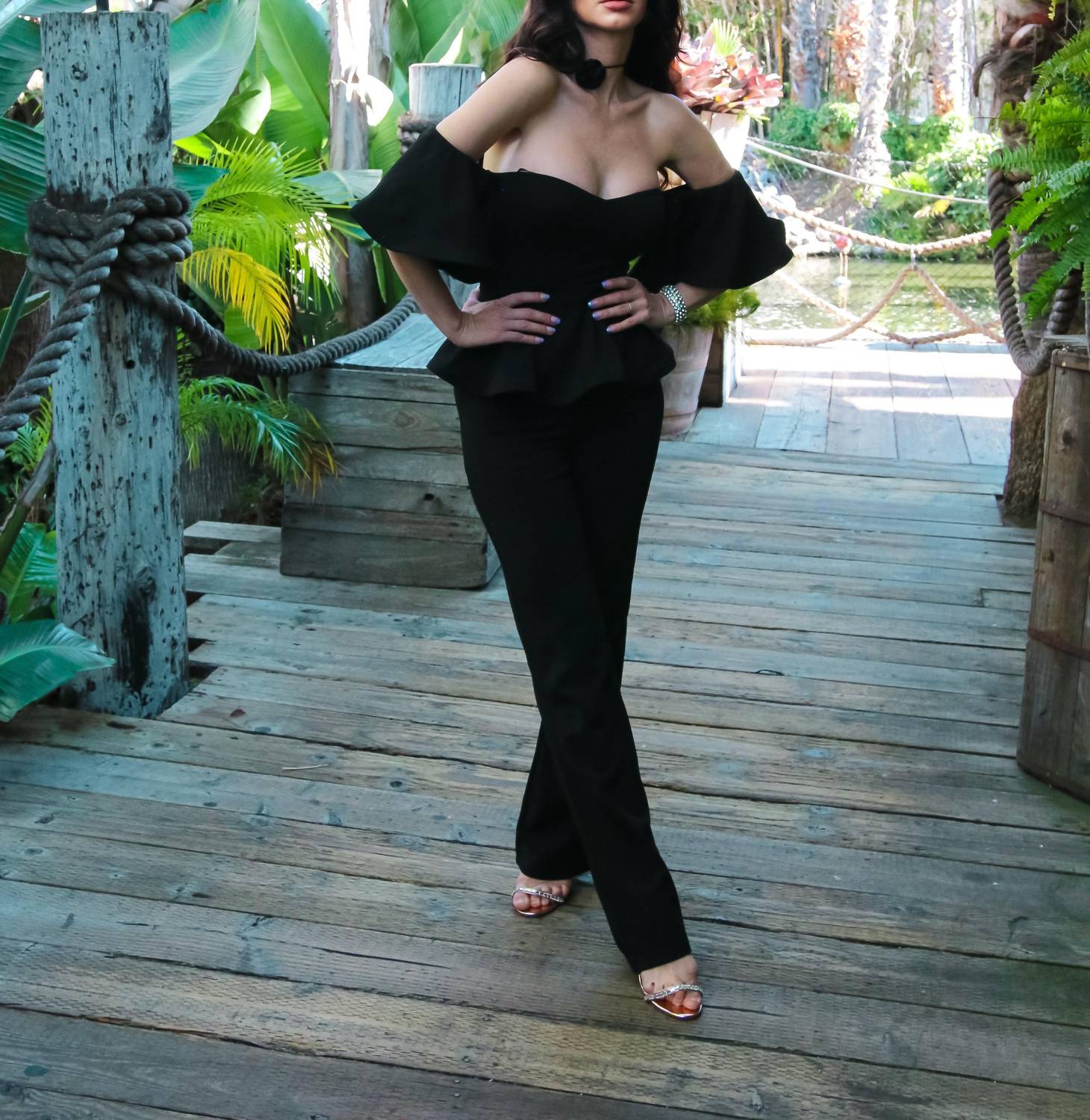 Little Secret Of Mine - Off The Shoulder Peplum Top & Flare Leg Jumpsuit