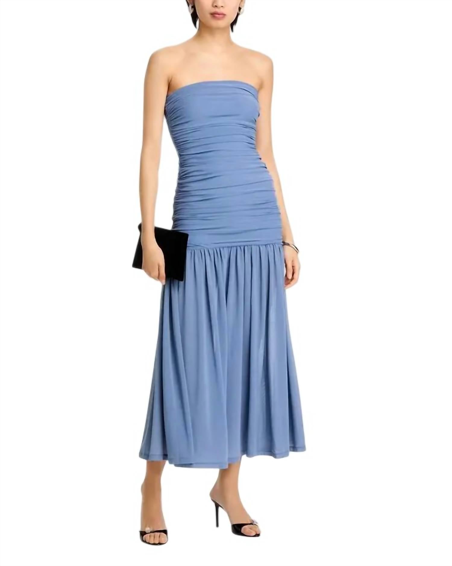 BARDOT Solana Gathered Mesh Strapless Maxi Dress in dusty blue - women's dress - view 4