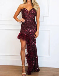 Maniju - Dance Til Dawn Strapless Feather Sequin Maxi Dress