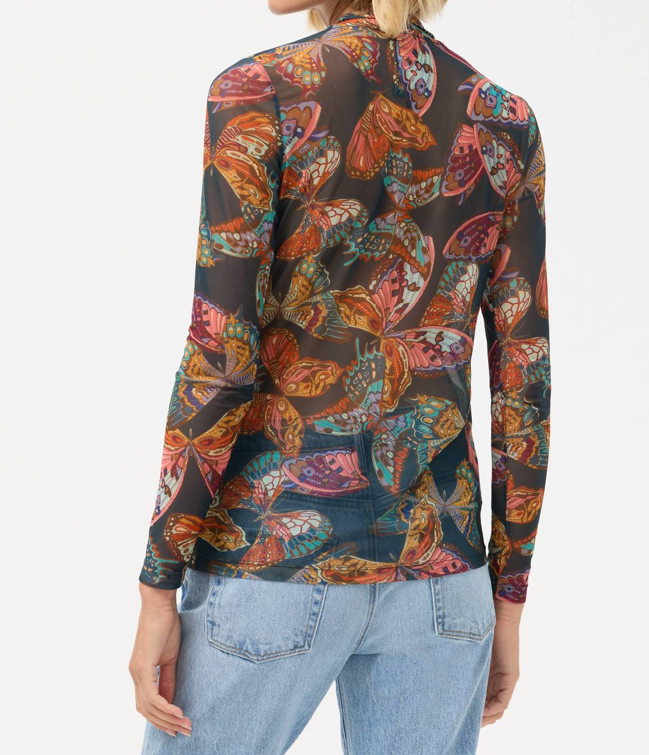 Johnny Was MESH BUTTON UP MOCK NECK TOP in ofelia teal - women's long sleeve top - alternate view