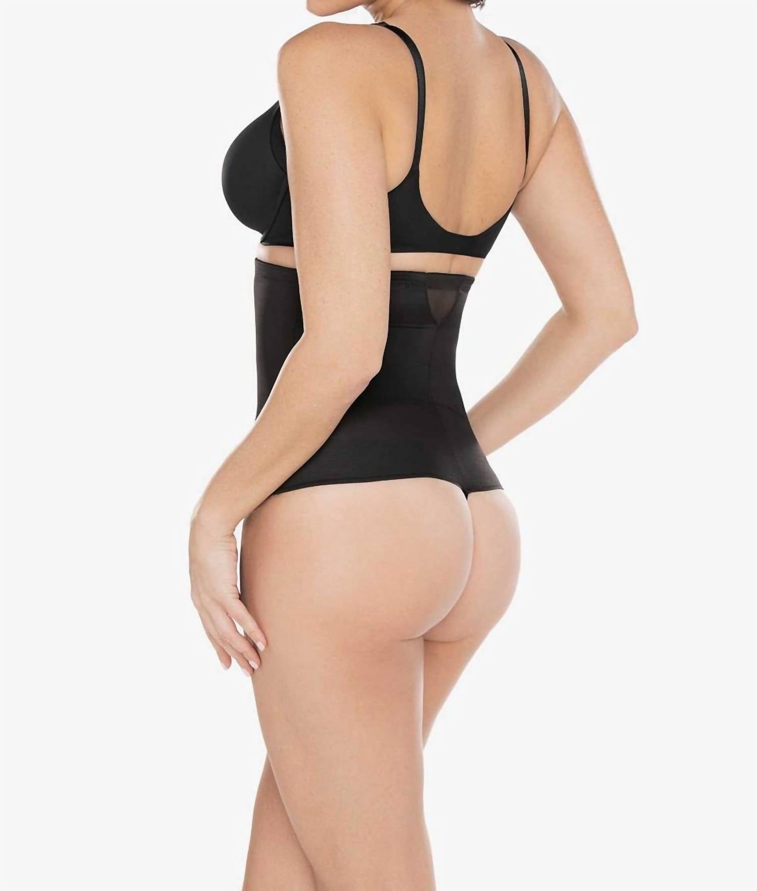 Miraclesuit Sexy Sheer Shaping Extra Firm Control High Waist Thong in black - women's intimate - detail view