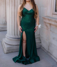 Sherri Hill Hot Fix Prom Dress With Skirt Slit in emerald - women's dress - detail view