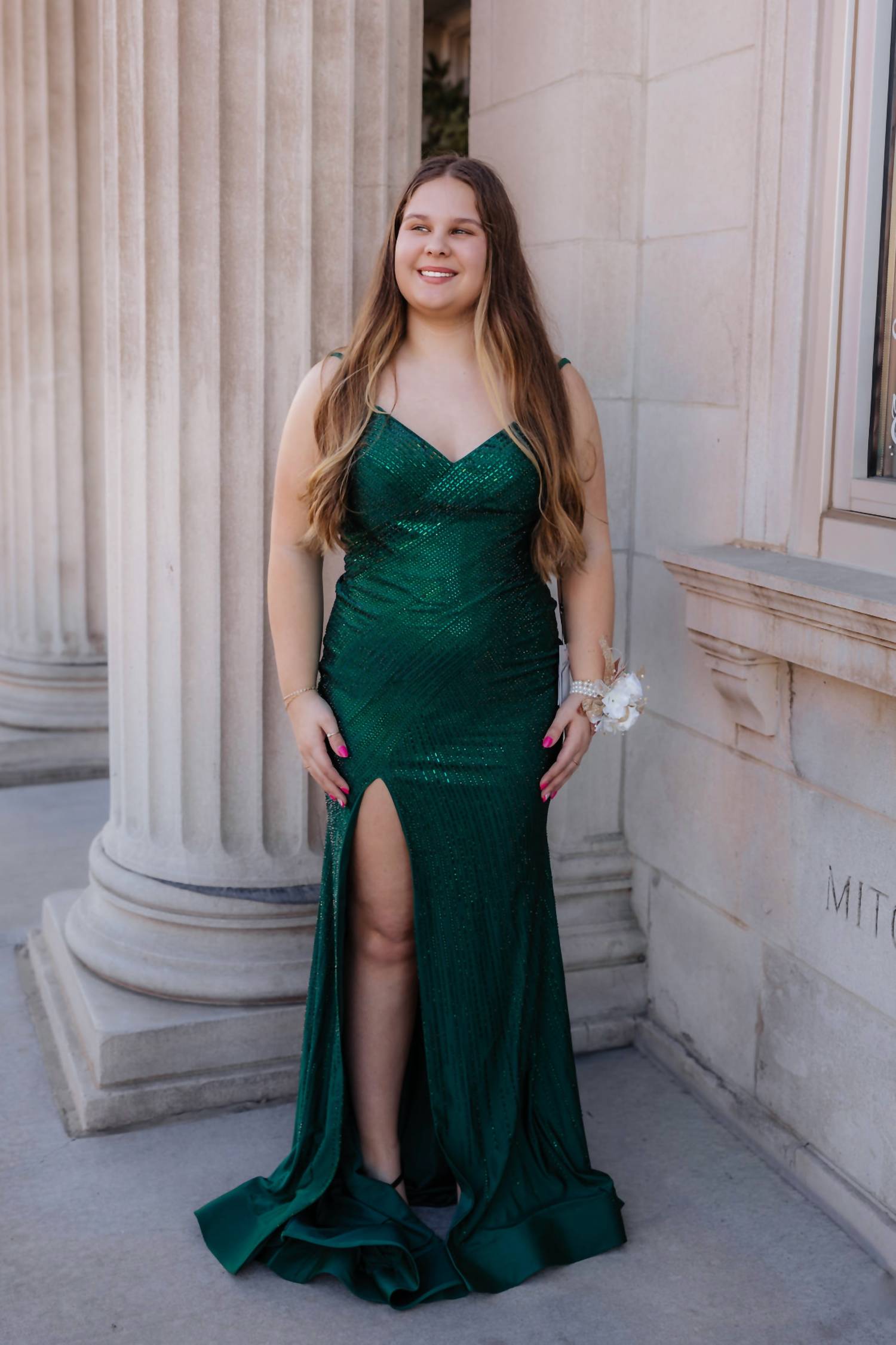 Sherri Hill Hot Fix Prom Dress With Skirt Slit in emerald - women's dress - alternate view
