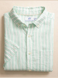SOUTHERN TIDE Crepe Myrtle Striped Linen Short Sleeve Button Down Shirt in jade green - men's shirt - view 5