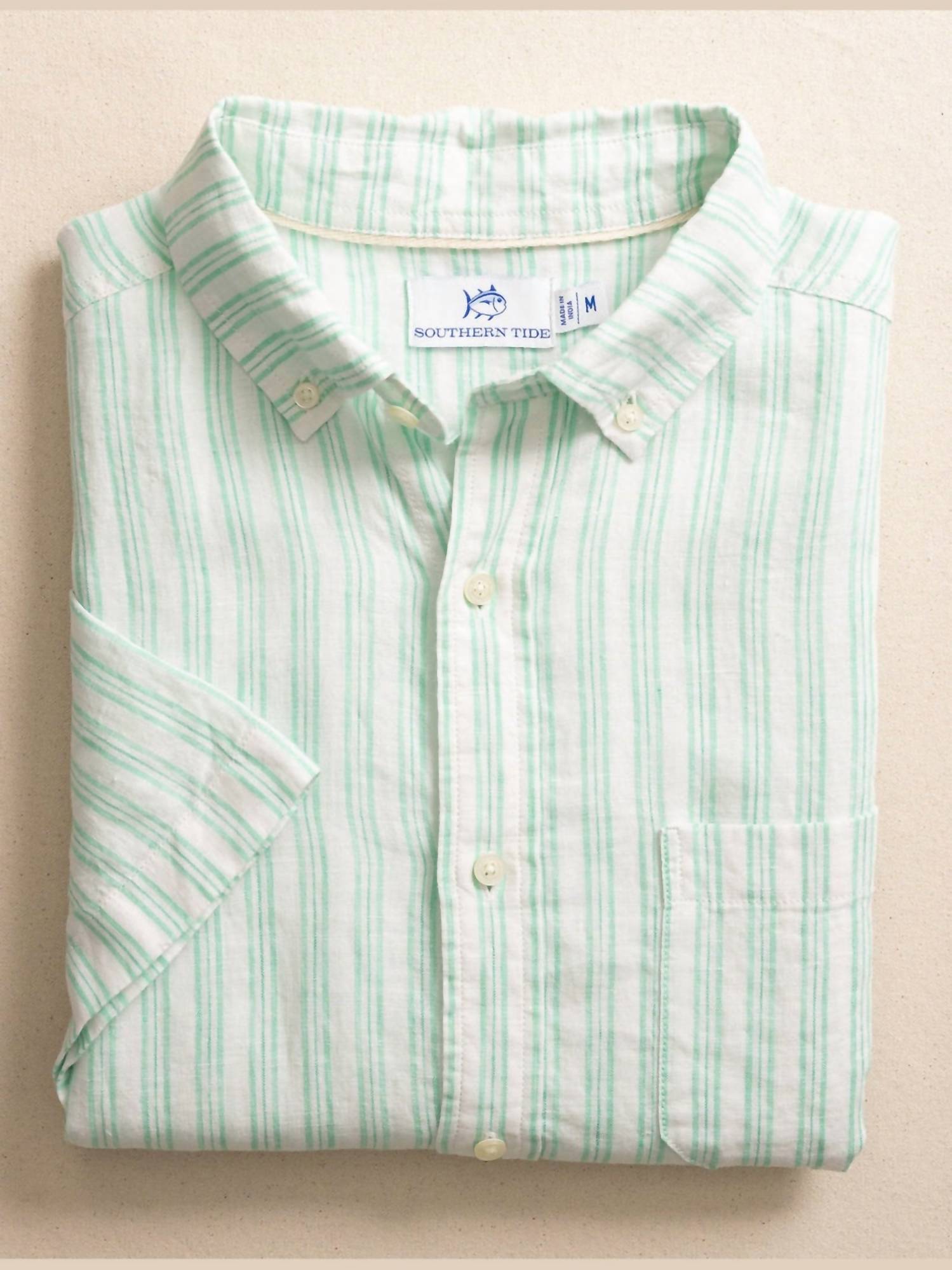 SOUTHERN TIDE Crepe Myrtle Striped Linen Short Sleeve Button Down Shirt in jade green - men's shirt - view 5