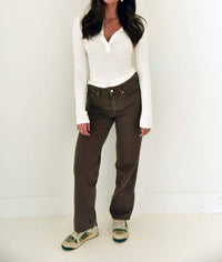 Beige Botany - Ribbed Henley Basic Top