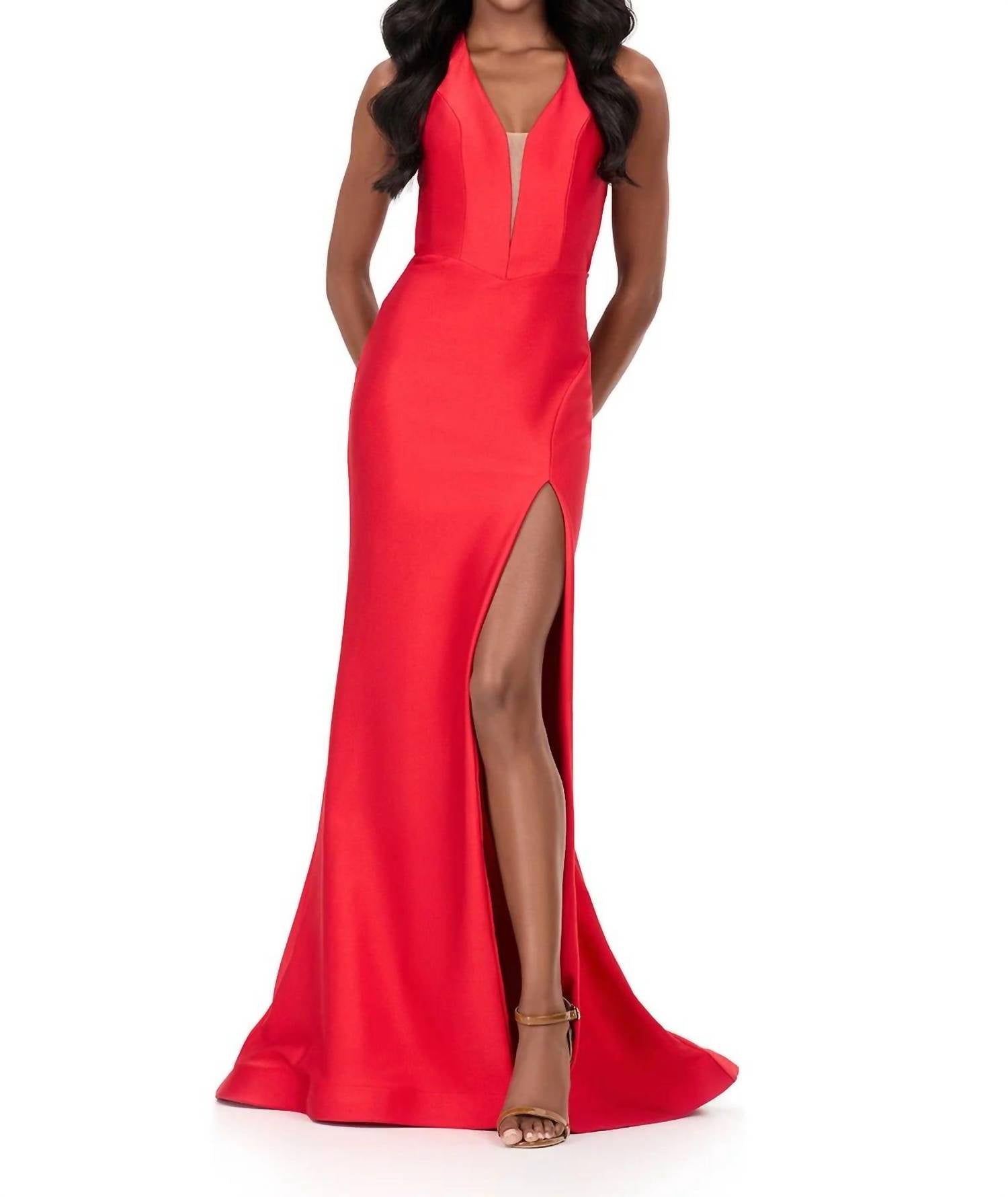ASHLEYlauren Sleeveless Halter Jersey Gown in red - women's dress
