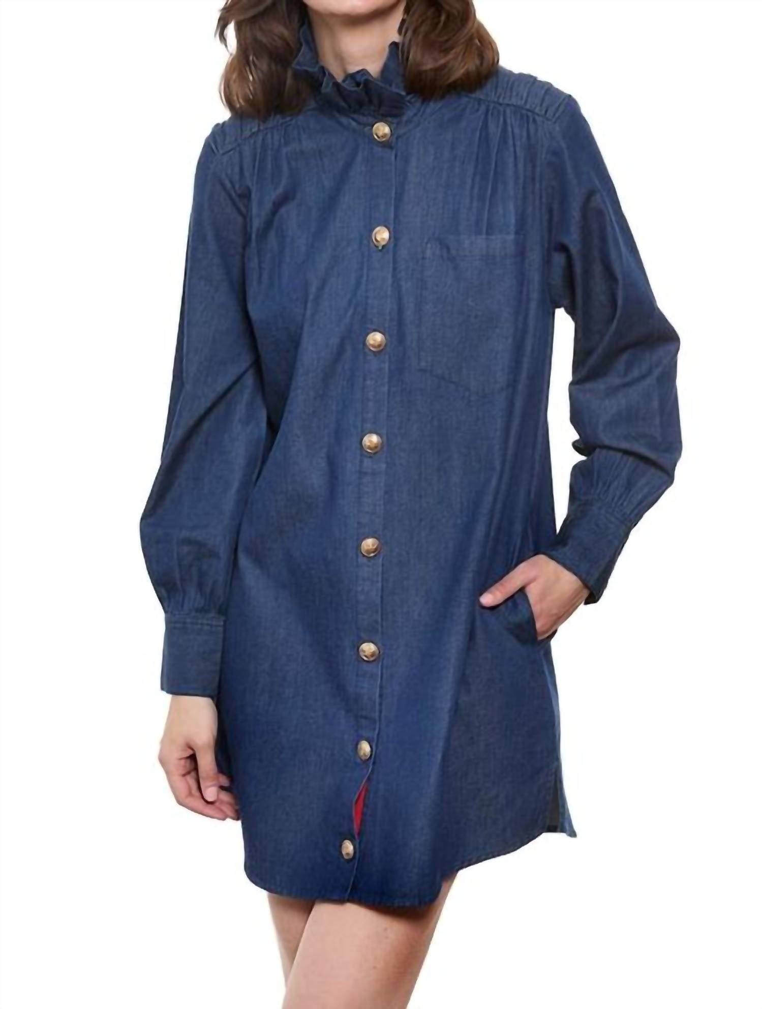Dizzy-Lizzie - Denim Tunic Dress With Ruffle Neck And Side Pockets