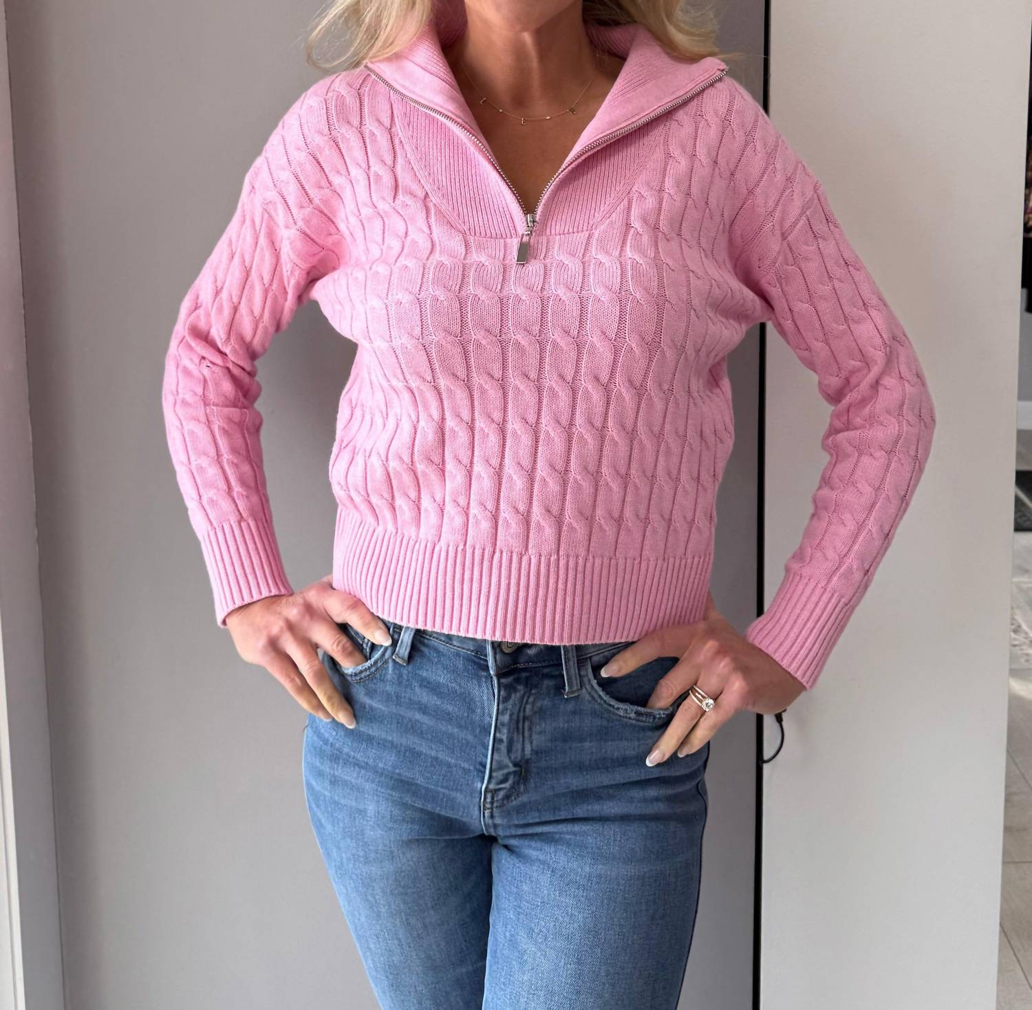 J. Society Poppy Cable Long Sleeve Sweater in bubblegum - women's sweater