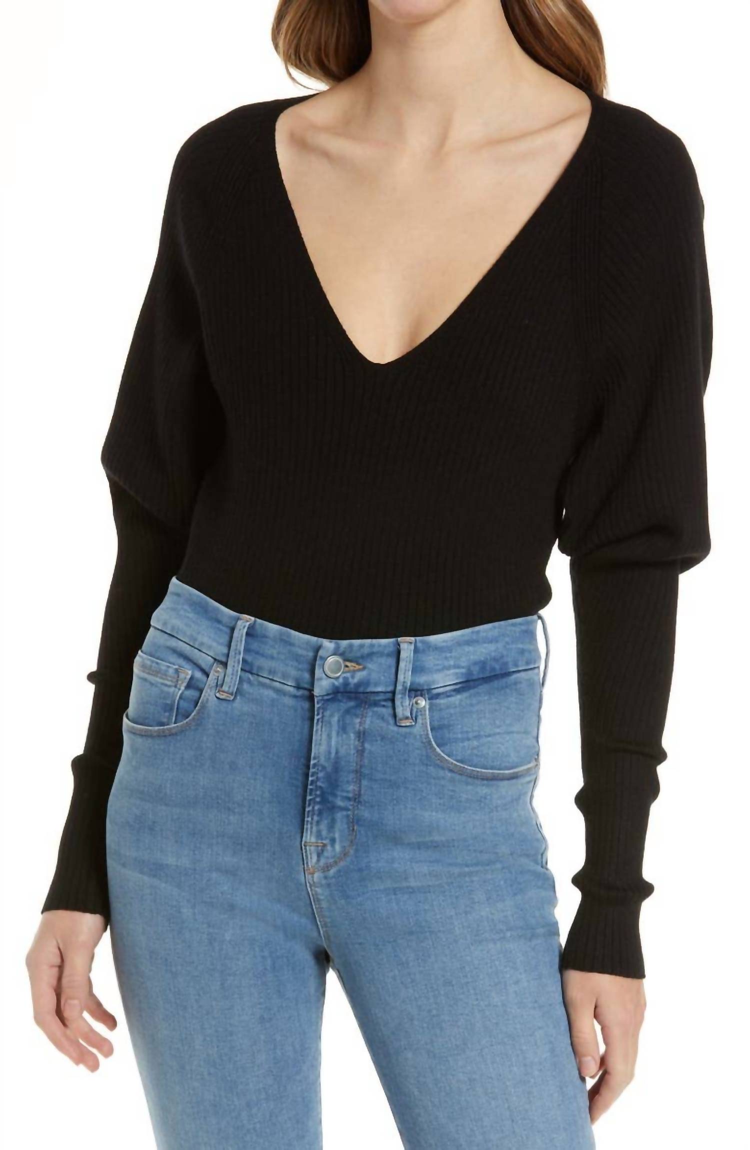 GOOD AMERICAN Women's Rib Deep V Bodysuit in black - women's shirt