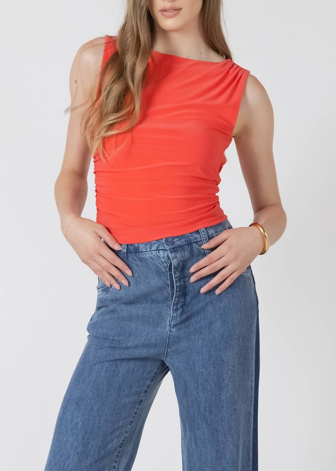 Dex Clothing Shirred Detail Boat Neck Tank Top in bright cherry - women's tank top