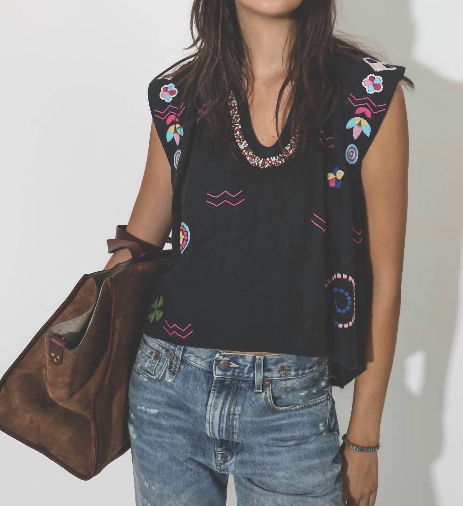 ALIX OF BOHEMIA Nehru Slub Embroidered Top in black - women's blouse