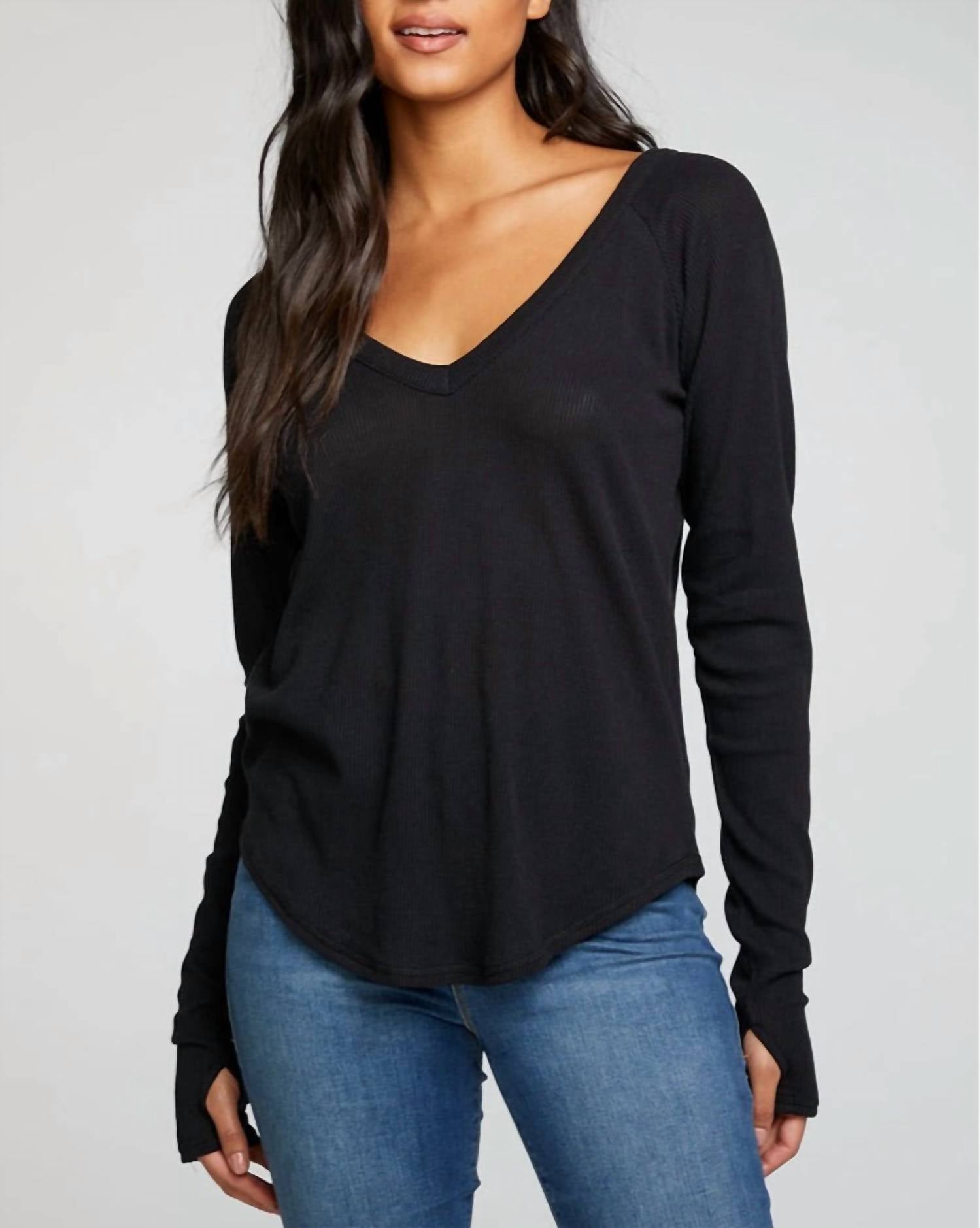 Chaser - Waffle Double V Neck Long Sleeve Top