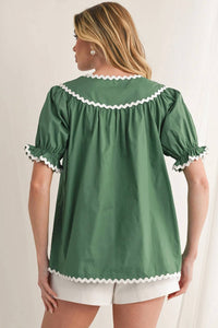 Little Daisy Closet - Ric Rac Trim Tie Split Neck Short Sleeve Blouse