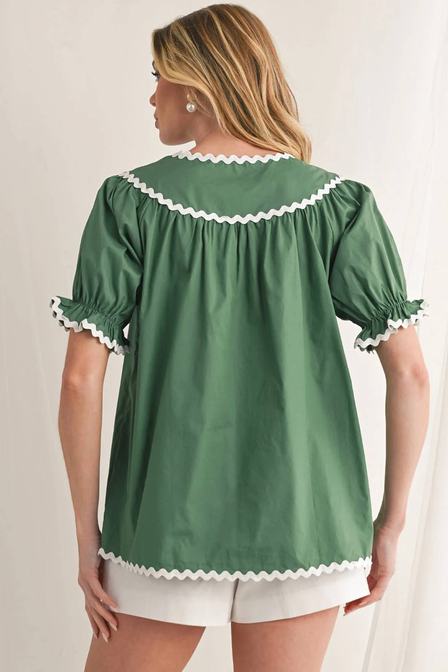 Little Daisy Closet - Ric Rac Trim Tie Split Neck Short Sleeve Blouse