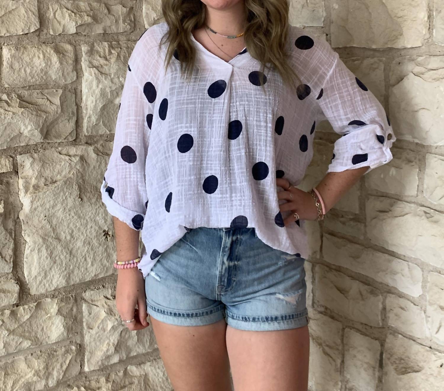 Polka Dot Print V- Neck Top