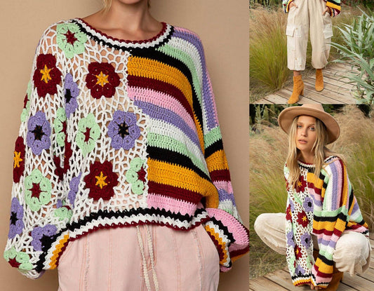 Pol - Hand Knit Sripe & Flower Sweater