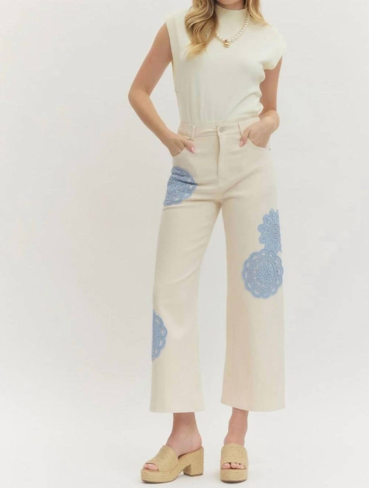 Entro - Lace Applique Wide Leg Pants