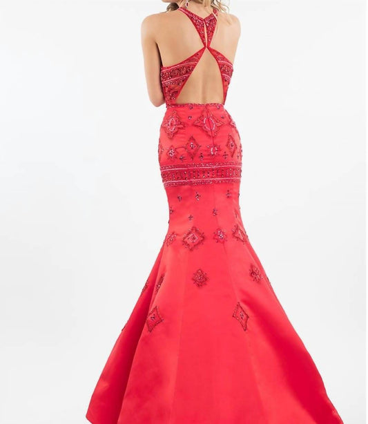 Rachel Allan - Matte Satin Halter Beaded Mermaid Prom Gown