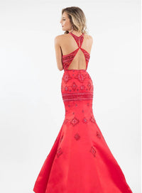 Rachel Allan - Matte Satin Halter Beaded Mermaid Prom Gown