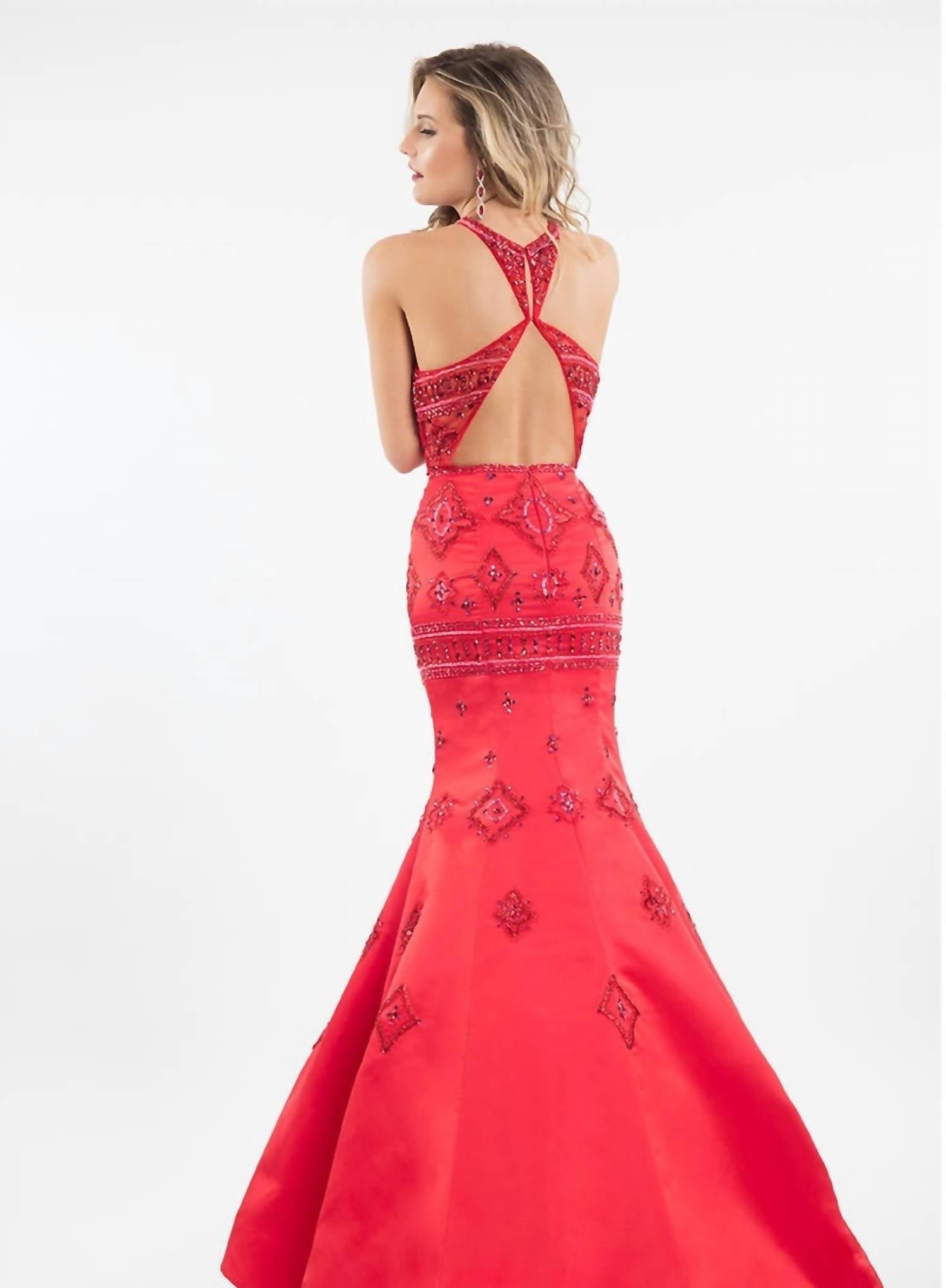 Rachel Allan - Matte Satin Halter Beaded Mermaid Prom Gown