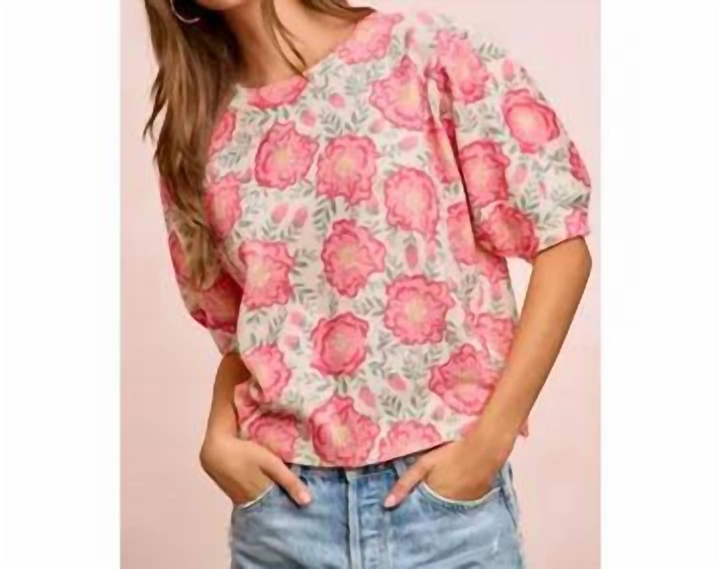 Bibi - Flower Printed Puff Sleeves Knit Top