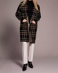 TRIBAL Double Knit Long Plaid Coatigan in black 1 - women's cardigan