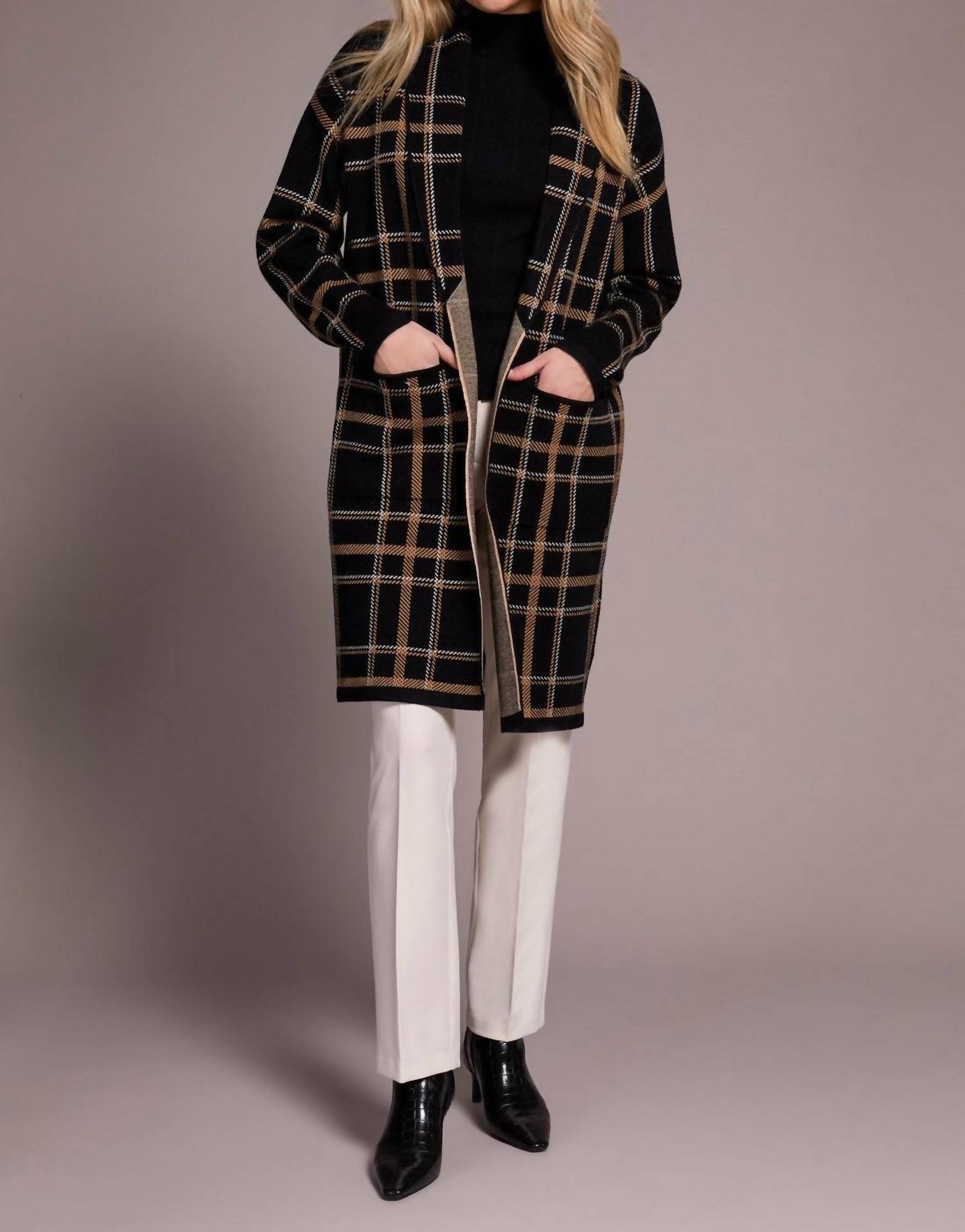 TRIBAL Double Knit Long Plaid Coatigan in black 1 - women's cardigan