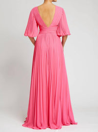 Teri Jon - Chiffon Puff Sleeve Pleated Vneck Gown