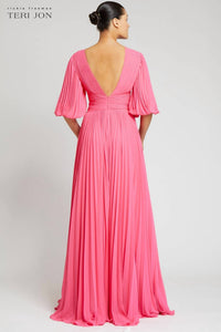 Teri Jon - Chiffon Puff Sleeve Pleated Vneck Gown
