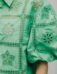 LOVE THE LABEL Cassia Floral Eyelet Embroidered Top in kiwi - women's blouse - detail view