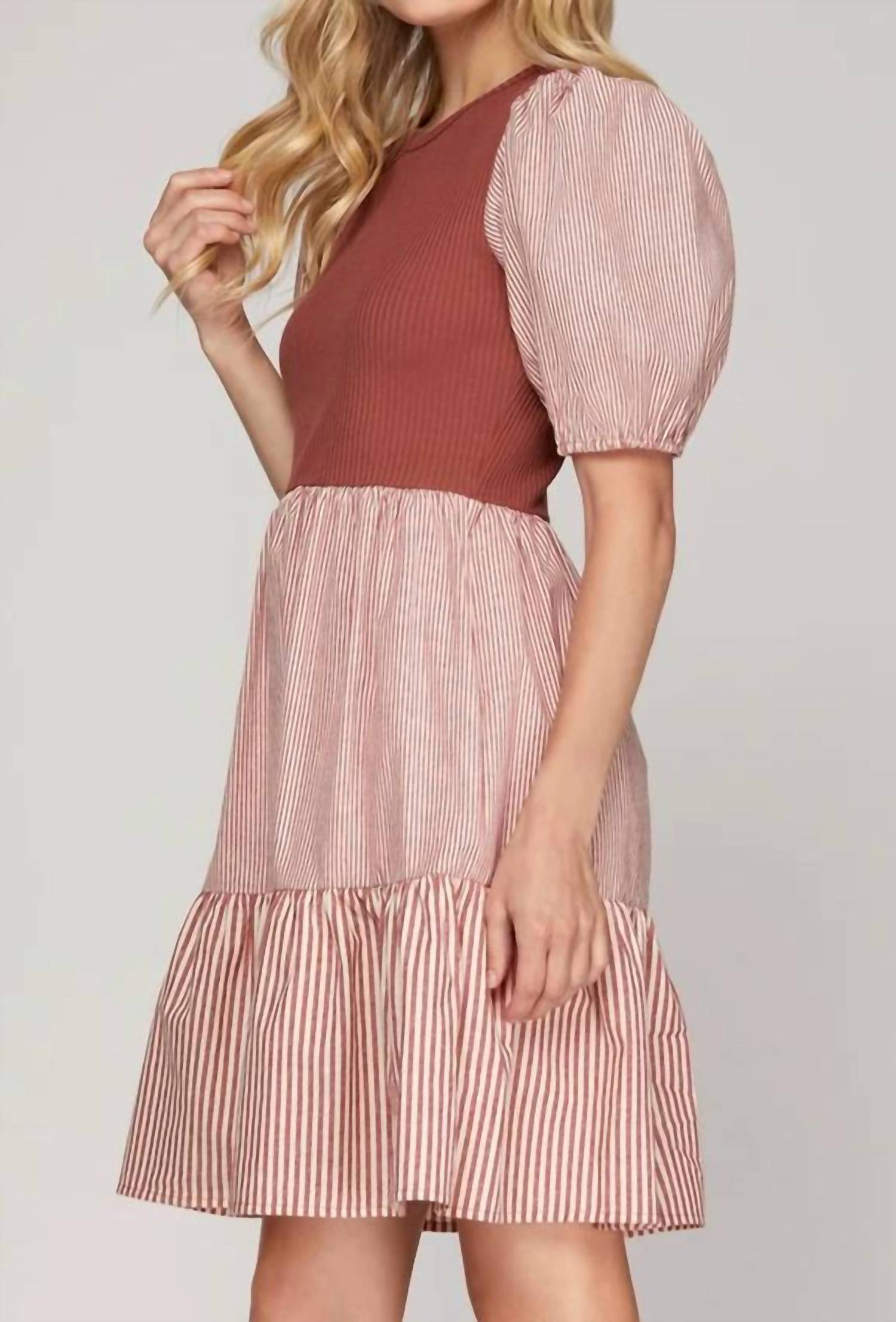 She + Sky - Ribbed And Striped Mini Dress